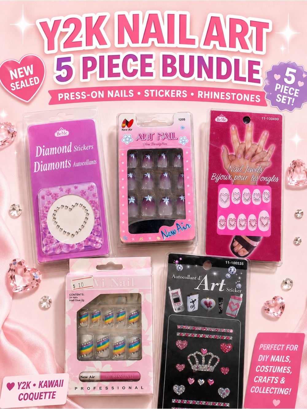 Y2K Nail Art Bundle 5pc Press-On Nails Rhinestone Stickers NEW